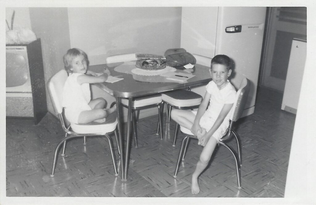 Sitting at a metal table